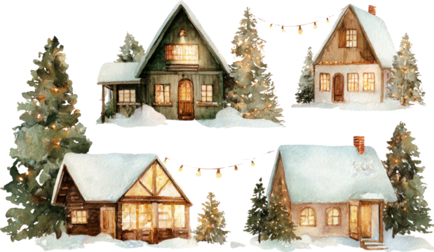 Cozy winter cottage snowy pine warm light festive garland watercolor scene