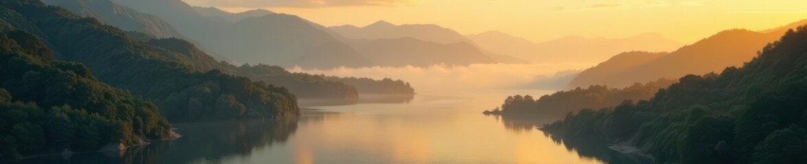 Obraz premium Golden light crests hills, mist shrouds river , beautiful, visual, landscape