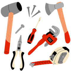 Flat style tools set including wrench, hammer, screwdriver, screws and measuring tape. DIY repair kit, handyman equipment, construction and home maintenance concept.