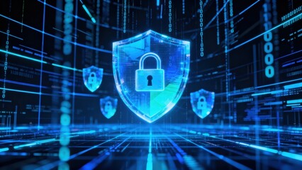 Digital shield with padlock, representing cybersecurity and data protection in a tech environment.