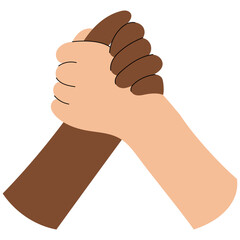 Flat style illustration of two people with different skin tones shaking hands, symbolizing diversity, partnership, unity and mutual respect. Cooperation and equality concept.