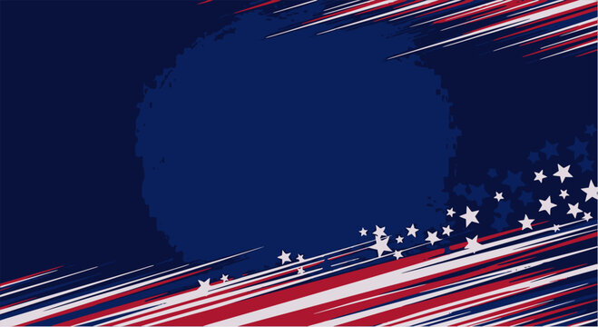 Abstract vector background in patriotic colors, featuring diagonal streaks of red, white, and blue, a corner cluster of small stars, and a central dark navy circular shape for text