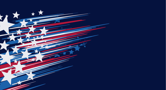 Dynamic vector background with an American flag theme, featuring a cluster of large white stars and streaks of red, white, and blue lines moving rapidly across a solid navy background. 