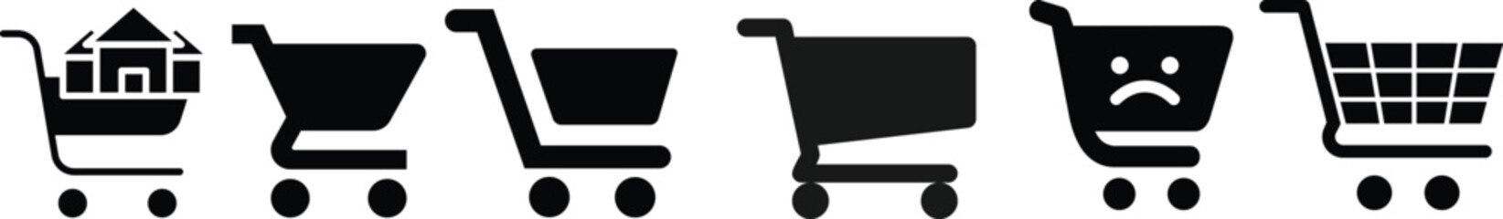 Shopping cart icon set. Shopping trolley in outline. Web cart in line. Shop symbol in black. Trolley icon. Stock vector illustration.A simple line art illustration of a shopping cart.