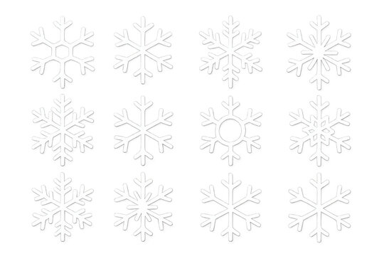 Snowflake collection presenting various crystal shapes and falling snow symbols, winter season holidays elements