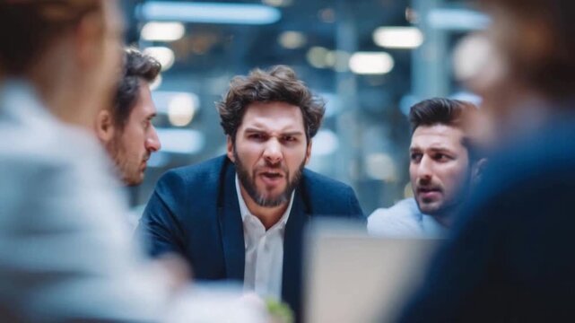 Business Meeting Conflict: Intense moment unfolds as colleagues engage in a heated discussion. Expressions convey tension and disagreement within a professional setting.