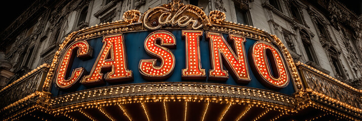 Vintage Casino Sign Illuminated Entrance of a Gambling Establishment with Retro Aesthetic Design, Evening View