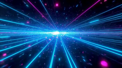 Blue and pink glowing streaks of light speeding through dark space creating motion blur, energy beam tunnel, and cosmic sci-fi depth - Powered by Adobe