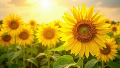 Fototapeta premium Large sunflowers bask in sunlight, soft background blur, photography, bokeh, garden