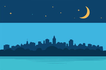 cityscape night skyline with crescent moon and water reflection