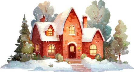 Cozy cottage winter snow warm light holiday season snowy landscape pine tree charm