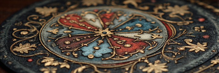 Ornate vintage decorative object close-up, showcasing intricate gold leaf patterns surrounding a vibrant segmented crest, reflecting historical craftsmanship and elegant design
