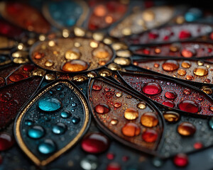 Intricate stained glass mosaic flower design with vibrant jewel-toned colors and sparkling water droplets