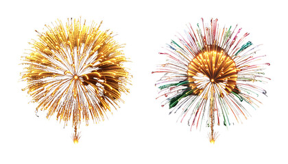 Fototapeta premium Firefly_Two different fireworks explosions in one 16-9 fraFireworks Explosion Bundle — isolated on transparent backgroundme — one large golden burst with lo 805593