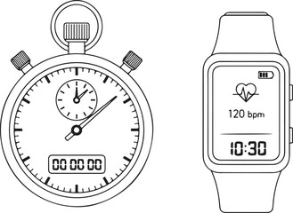 Stopwatch and smartwatch with heart rate, fitness tracking concept, minimalist line art, isolated on white background.