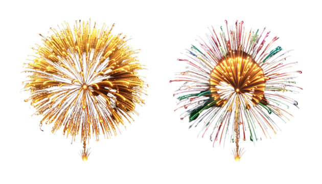 Firefly_Two different fireworks explosions in one 16-9 fraFireworks Explosion Bundle — isolated on transparent backgroundme — one large golden burst with lo 805593 - Powered by Adobe