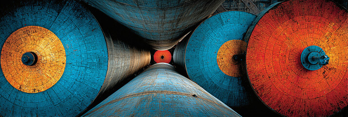 An abstract perspective looking down a long industrial corridor formed by giant, colorful blue and orange steel rollers