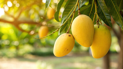 Ripe Mango on tree branch in garden, Mangoes tree in natural warm sunlight background