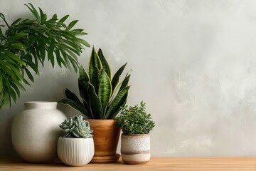 A serene indoor arrangement of various succulent plants in decorative pots on a wooden table
