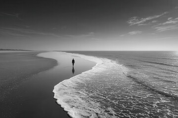 A solitary figure walking along a serene beach at low tide, with gentle waves lapping at the shore