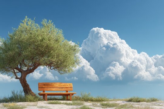 A serene wooden bench under a lush tree, set against a backdrop of fluffy clouds and blue sky