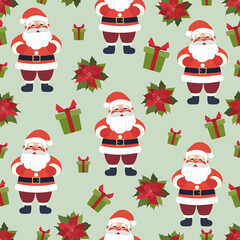 Christmas seamless pattern with Santa, gifts, and poinsettias. Festive holiday background design