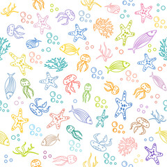 Sea creatures pattern with colorful jellyfish, starfish, and fish on white background