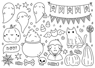 Cute Halloween doodle set with ghosts, pumpkins, bats, skulls, vampire, candies and decorations. Fun hand-drawn illustration perfect for coloring pages, cards and festive designs.