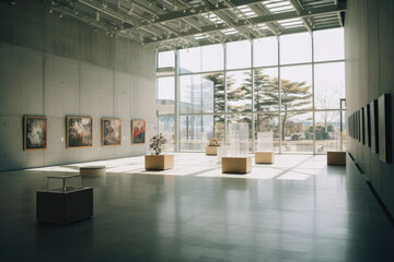 Fototapeta premium Bright contemporary exhibition hall with soft wall art and wooden display pedestals