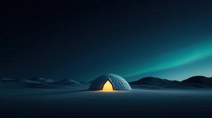 Warmlit igloo under glowing green aurora sky, cozy shelter in the wild