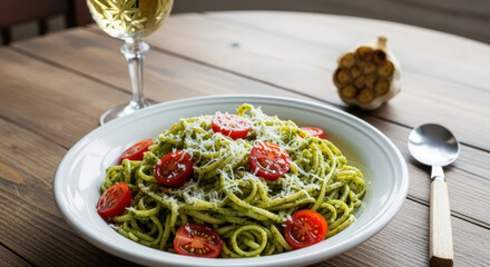 Delicious pesto pasta with cherry tomatoes and cheese in a white bowl on a wooden table