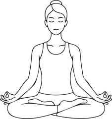 Woman meditating in lotus pose, mindfulness and wellness concept, minimalist line art, isolated on white background.