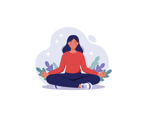 Young woman meditating peacefully in lotus pose surrounded by soft abstract shapes and subtle foliage representing calm and mindfulness