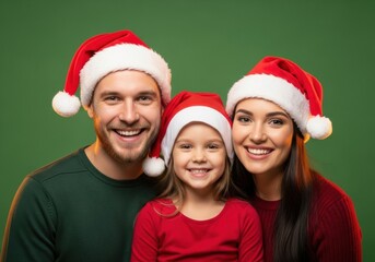 Joyful family of three wearing Santa hats and smiling on a vibrant green background