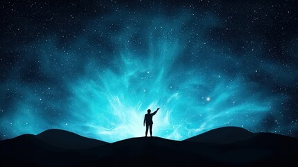 Silhouette of person reaching toward aurora, dreamlike night under stars