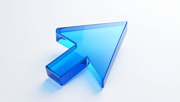3D blue arrow cursor with translucent gloss and light reflections on white background for editorial UI design photography digital interface decor and poetic direction-themed visuals
