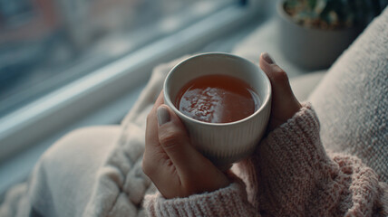 close up of woman in a cosy warm sweater holding a cup of coffee with latte art flat lay with copy space