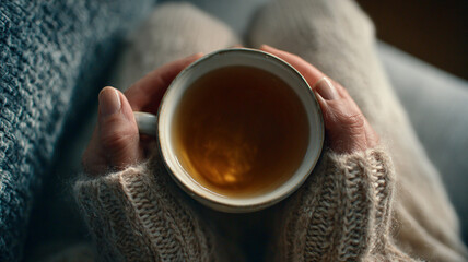 close up of woman in a cosy warm sweater holding a cup of coffee with latte art flat lay with copy space