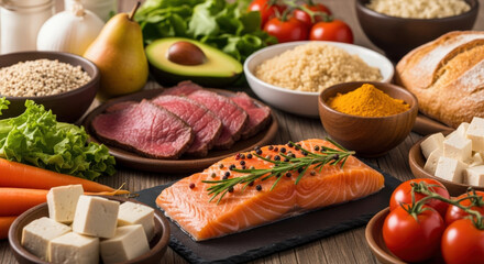 Healthy food ingredients laid out on rustic wooden table with salmon fillet, sliced beef, fresh vegetables