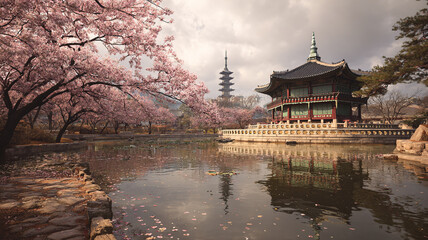 Spring blossoms and traditional architecture in bukchon hanok village seoul scenic landscape cultural heritage view