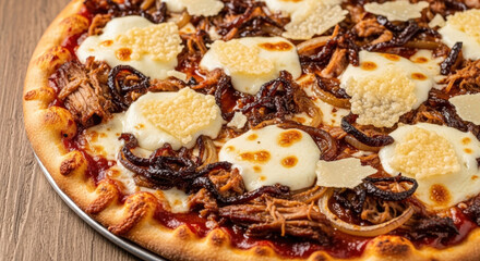Gourmet pulled meat pizza with melted mozzarella cheese and caramelized onions on a rustic wooden table