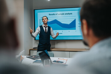 A professional presenter leads a business meeting, explaining data with a large chart on the screen.