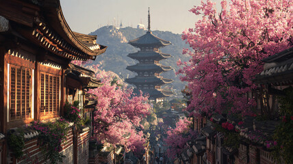 Spring blossoms and traditional architecture in bukchon hanok village seoul scenic landscape cultural heritage view