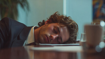 A man in business attire is sleeping or resting in a chair with his arms crossed in a professional office setting.