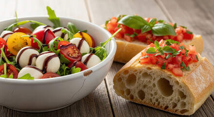 Caprese salad with mozzarella cheese, cherry tomatoes and basil next to bruschetta on a wooden table