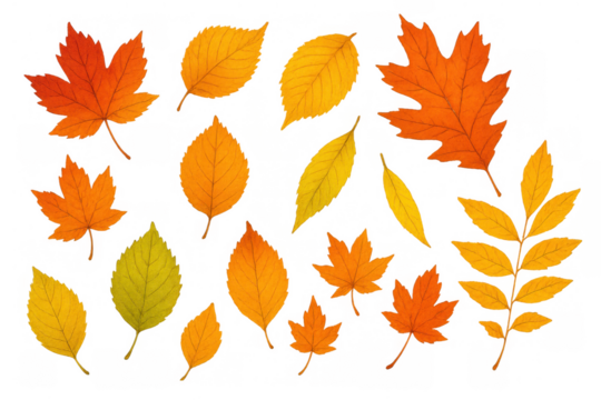 Autumn leaves falling, collection of colorful maple, oak, and other tree foliage, changing seasons concept, transparent background