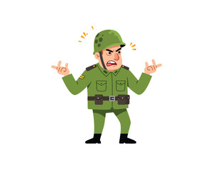 Angry cartoon soldier in military uniform expressing frustration and exasperation with raised arms and furious expression