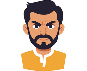 Close up portrait of a stern looking man with dark hair and a beard wearing a yellow shirt with a white collar