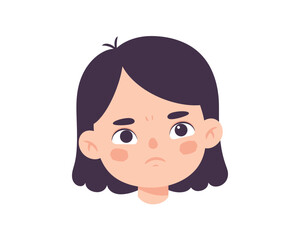 Close up of a young girl s face with dark hair and a sad or worried expression isolated on white background