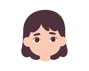 Simple flat illustration of a young girl s face with dark hair and a concerned or thoughtful expression